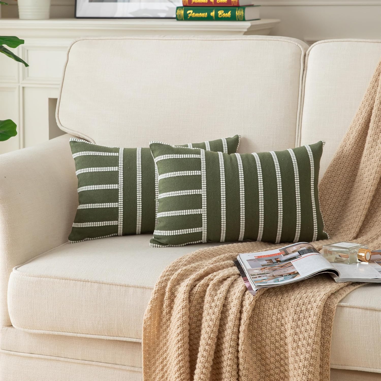 Caflife Boho Throw Pillow Covers 12x20 Set of 2 Soft Farmhouse Decorative Couch Pillow Cases Green Striped Pillow Covers Neutral Cushion Covers for Sofa Bed Living Room Home Decor