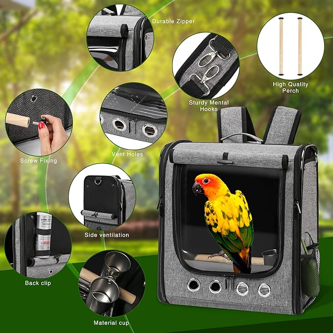 SUERTREE Bird Carrier Bag Bird Travel Cage with Stand, Lightweight Backpack for Parrot, Portable Bird Travel Bag, Pet Transparent Breathable Travel Cage (X-Large)