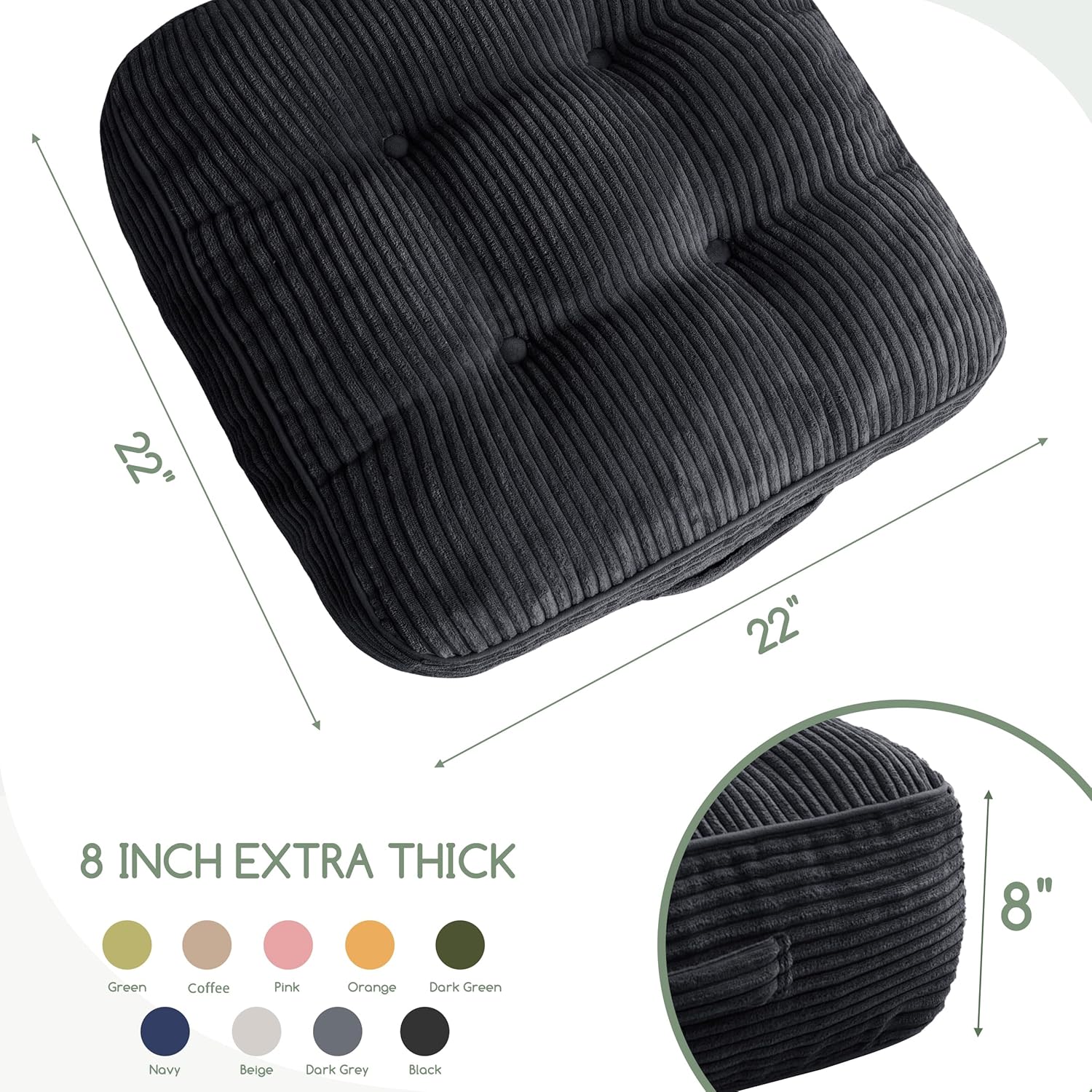 8" Washable Floor Pillow Cushion for Adults, Meditation Cushion Pillow, Large Square Floor Sitting, Removable Tufted Corduroy Cover, for Tatami Living Room or Yoga, 22x22 Inch, Machine Washable