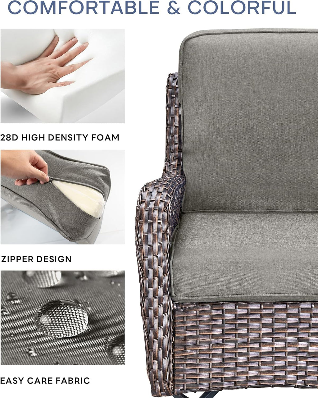 Pop 22x25/22x24 Outdoor Furniture Cushions Set of 6 - Comfortable Patio Chair Cushion for Rattan Wicker Dining Rocking Swivel Chairs Loveseat Couch L-Shape Sectional Sofa - Grey/Classic