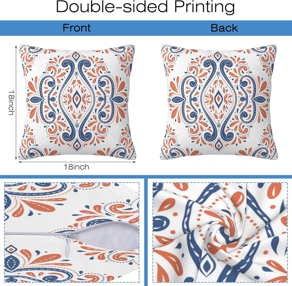 Throw Pillow Covers Blue and Orange Floral Pillow Covers 18x18 Inch Set of 2 Vintage Paisley Throw Pillows Decorative Pillow Cases Cushion Covers for Bedroom Livingroom Sofa Farm House