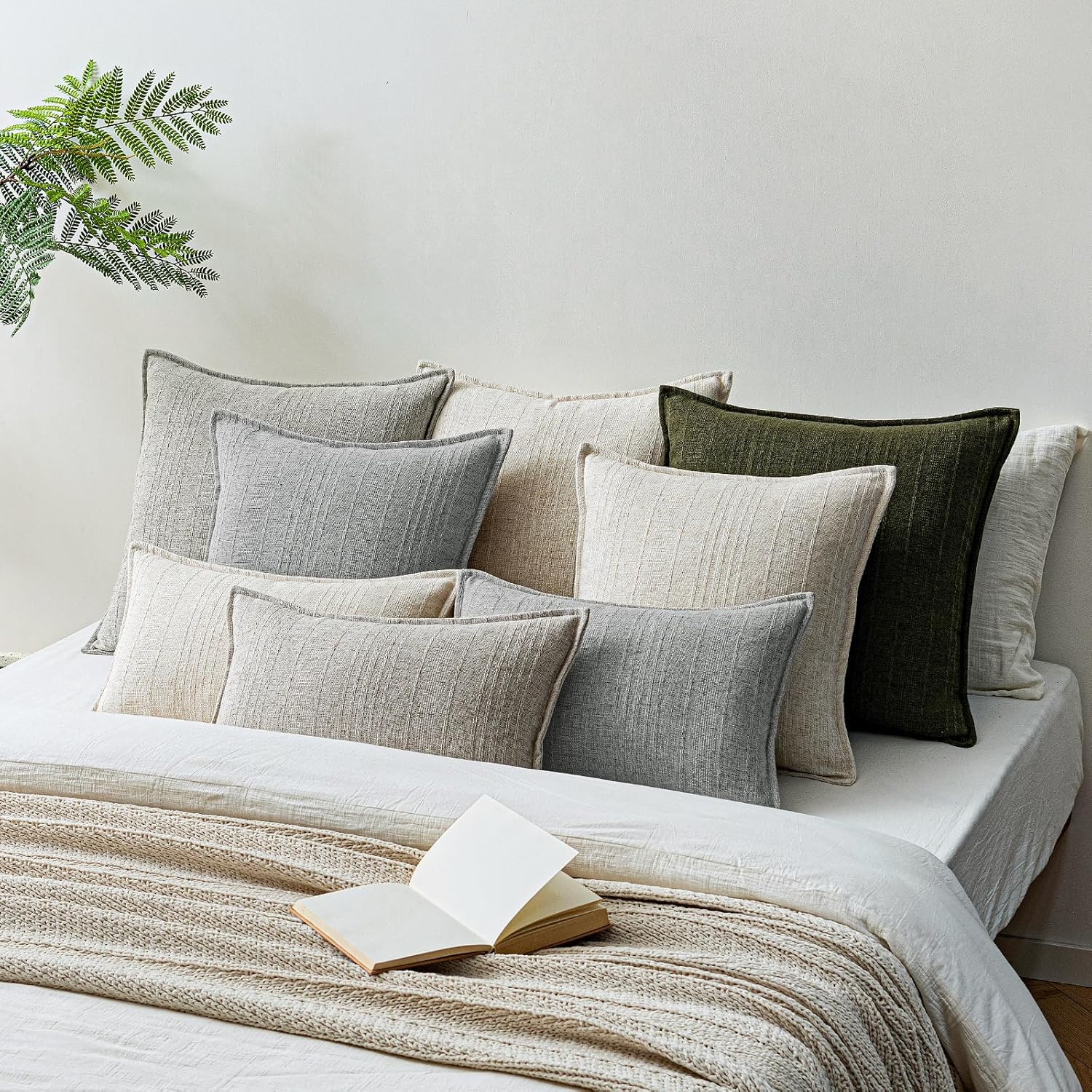 a moment Linen Pillow Covers Set of 2,Boho Farmhouse Throw Pillowcases Neutral Textured Decorative Covers for Couch Sofa,Soft Linen Blend Accent Case Cushion Living Room Home Decor 20"x12"Sky Gray