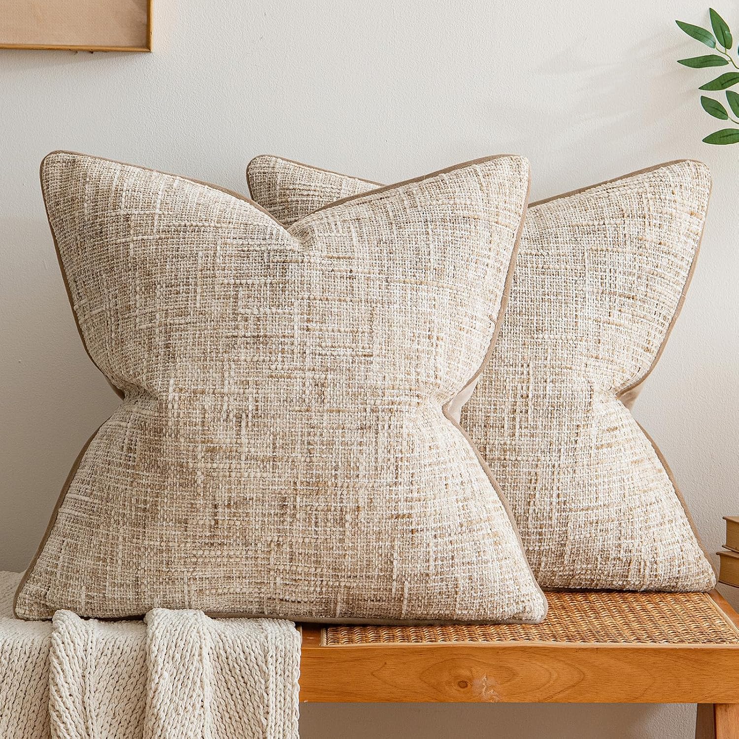 a moment Khaki Reversible Pillow Covers 2 Pack - Farmhouse Chenille Throw Pillows, Neutral Textured Decorative Throw Pillow Covers with Border for Couch Sofa Bed (20x20 Inch, No Insert)