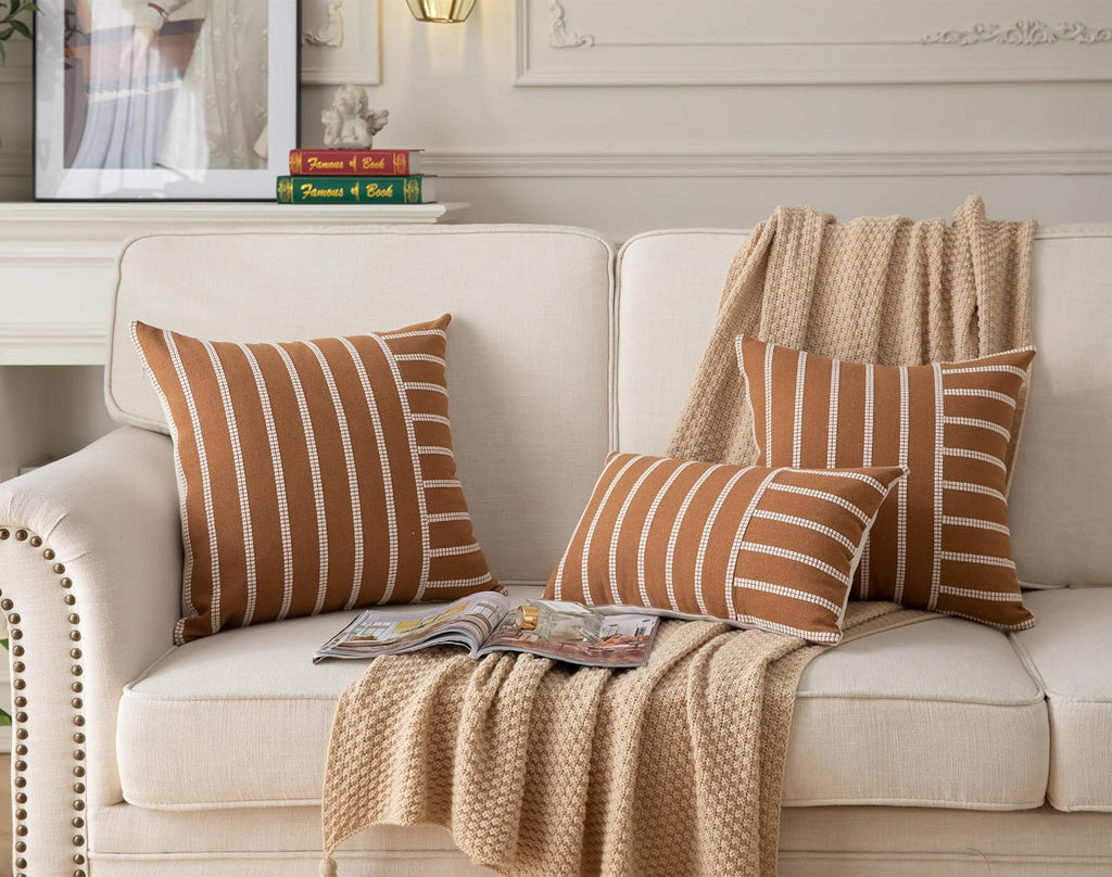 Caflife Boho Throw Pillow Covers 20x20 Set of 2 Soft Farmhouse Decorative Couch Pillow Cases Brown Striped Pillow Covers Neutral Cushion Covers for Sofa Bed Living Room Home Decor
