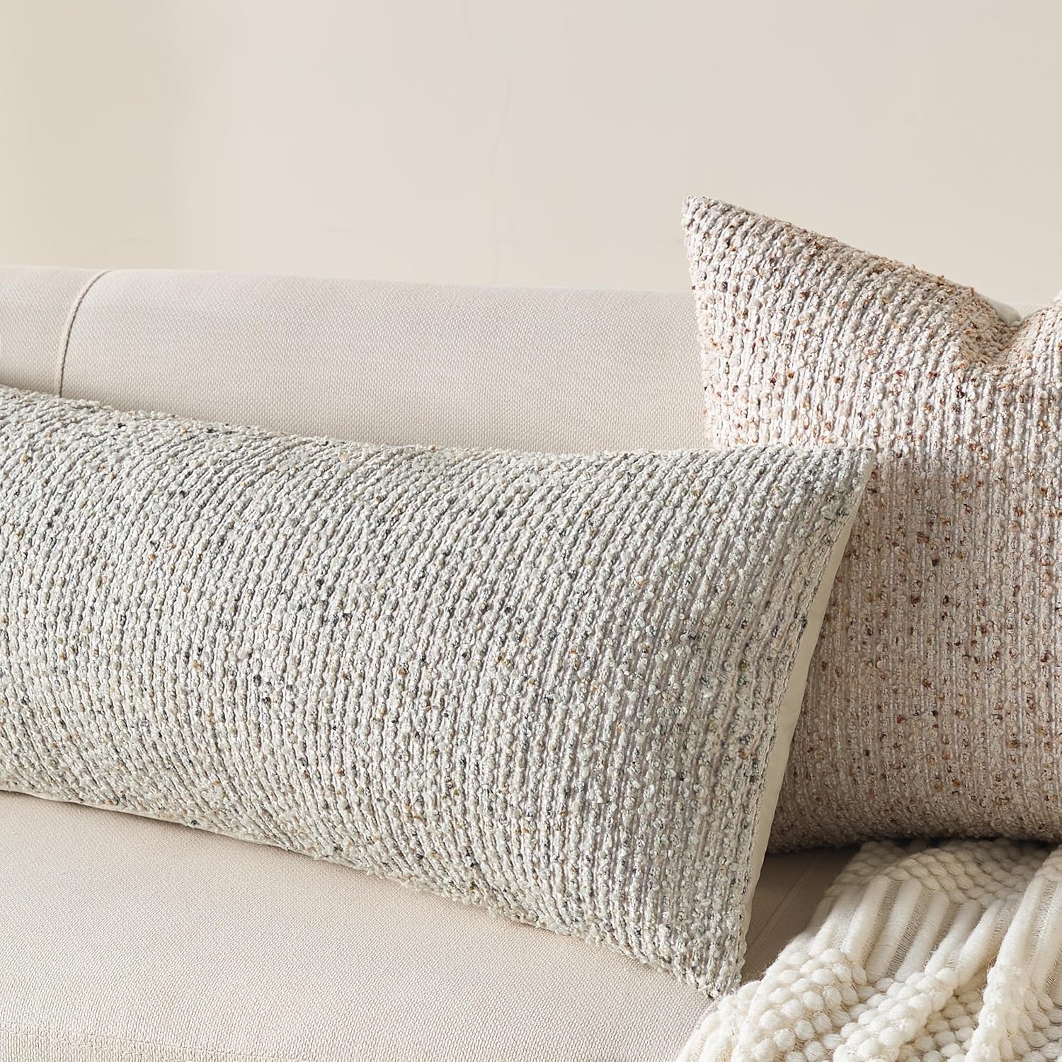 Decorative Lumbar Pillow Cover 14x36 Beige Striped Wool Long Body Pillow Neutral Textured Boho Lumbar Throw Pillow Cushion Covers for Modern Farmhouse Sofa Bed Living Room Decor SY011-A14