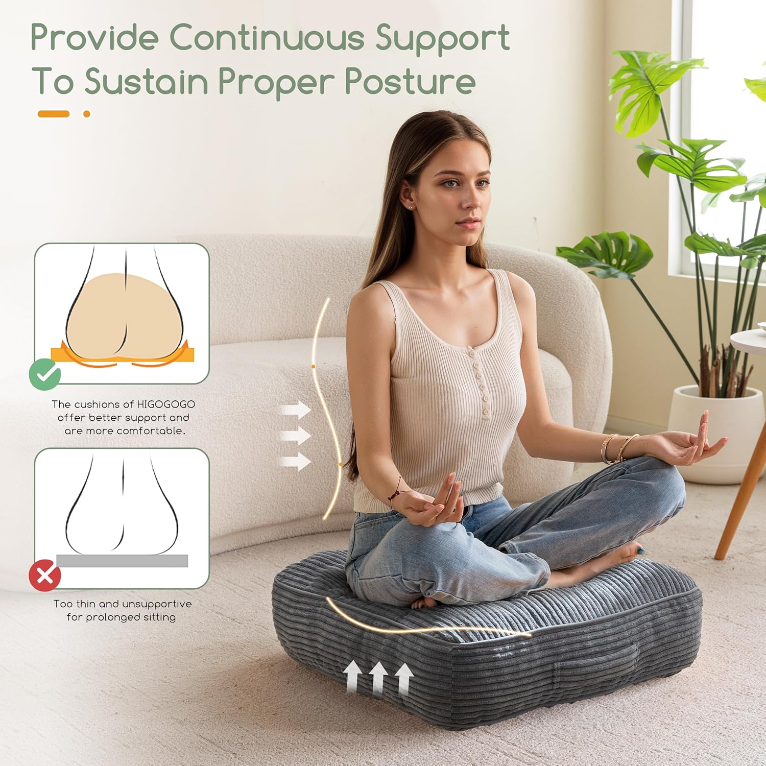 6" Washable Floor Pillow Cushion for Adults, Meditation Cushion Pillow, Large Square Floor Sitting, Removable Tufted Corduroy Cover, for Tatami Living Room or Yoga, 22x22 Inch, Machine Washable