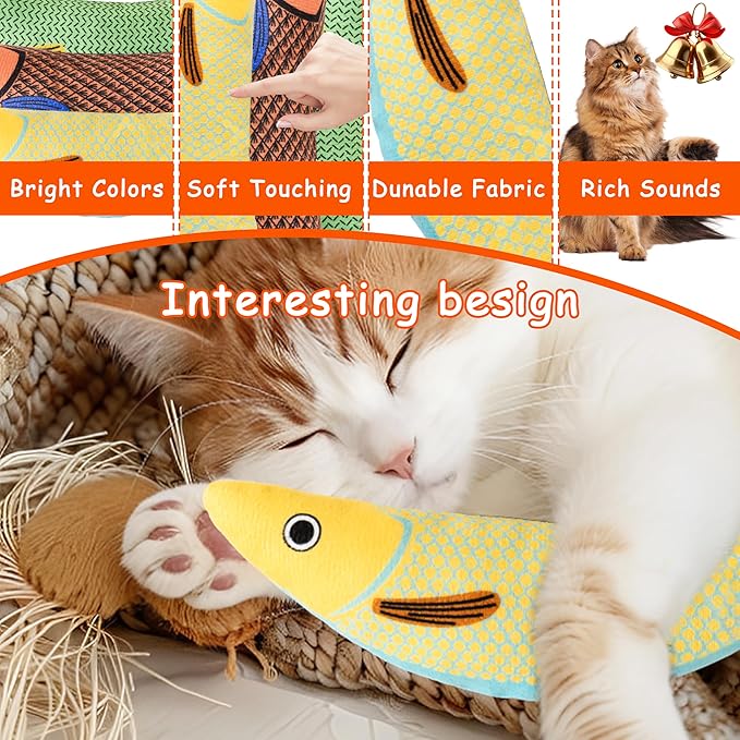 Soft Catnip Toys Fish, 3 Pack Bell Sound Cat Toys, Interesting Indoor Cat Kicker Toys, Durable and Highly Interactive Catnip Toys (Knife Fish)