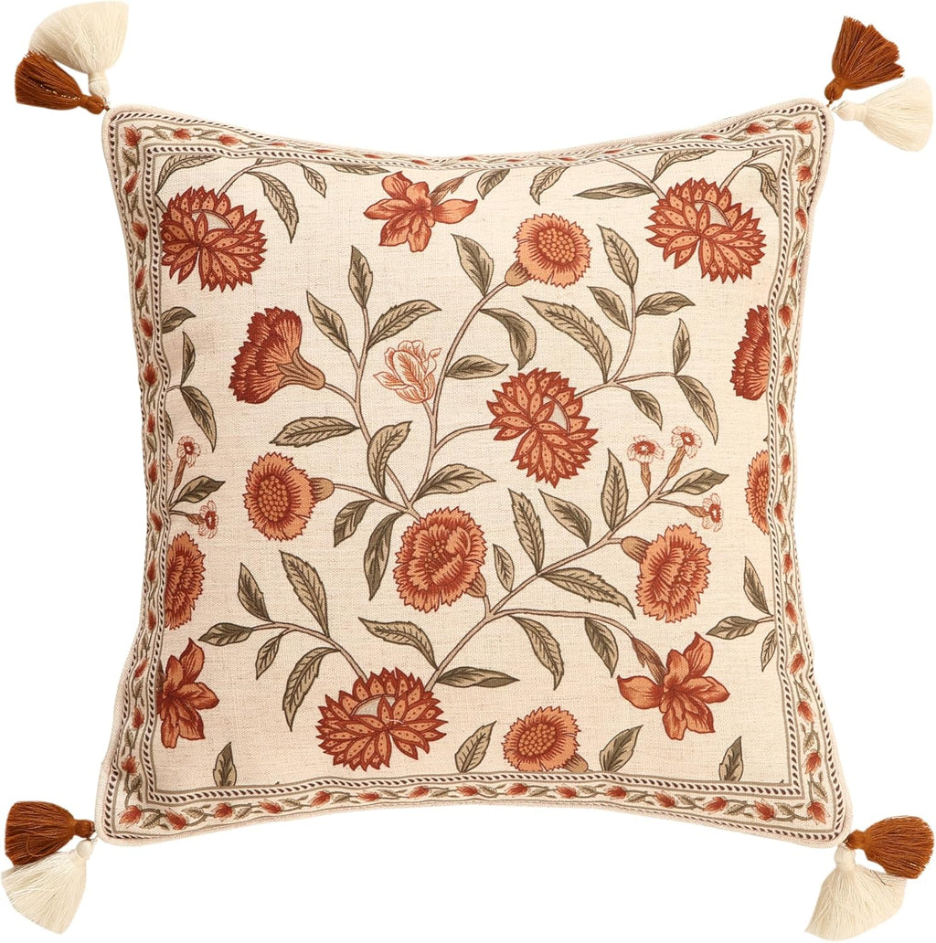 ISAENNE Design Linen Square Vintage Throw Pillow Covers 18"x18", Brick Red Cushion Covers with Orange Floral Green Leaves Pattern Decoration Pillowcases for Bed,Living Room,Outdoor,Car