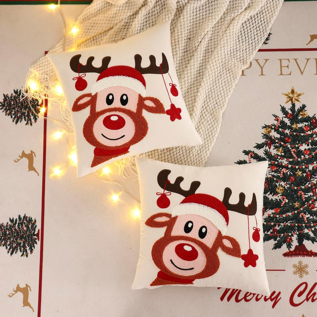 LUOYEHK Christmas Pillow Covers 18x18 Set of 2 Cute Reindeer Decorative Beige Pillow Cases Winter Holiday Velvet Embroidered Cushion Covers for Couch Sofa Bed