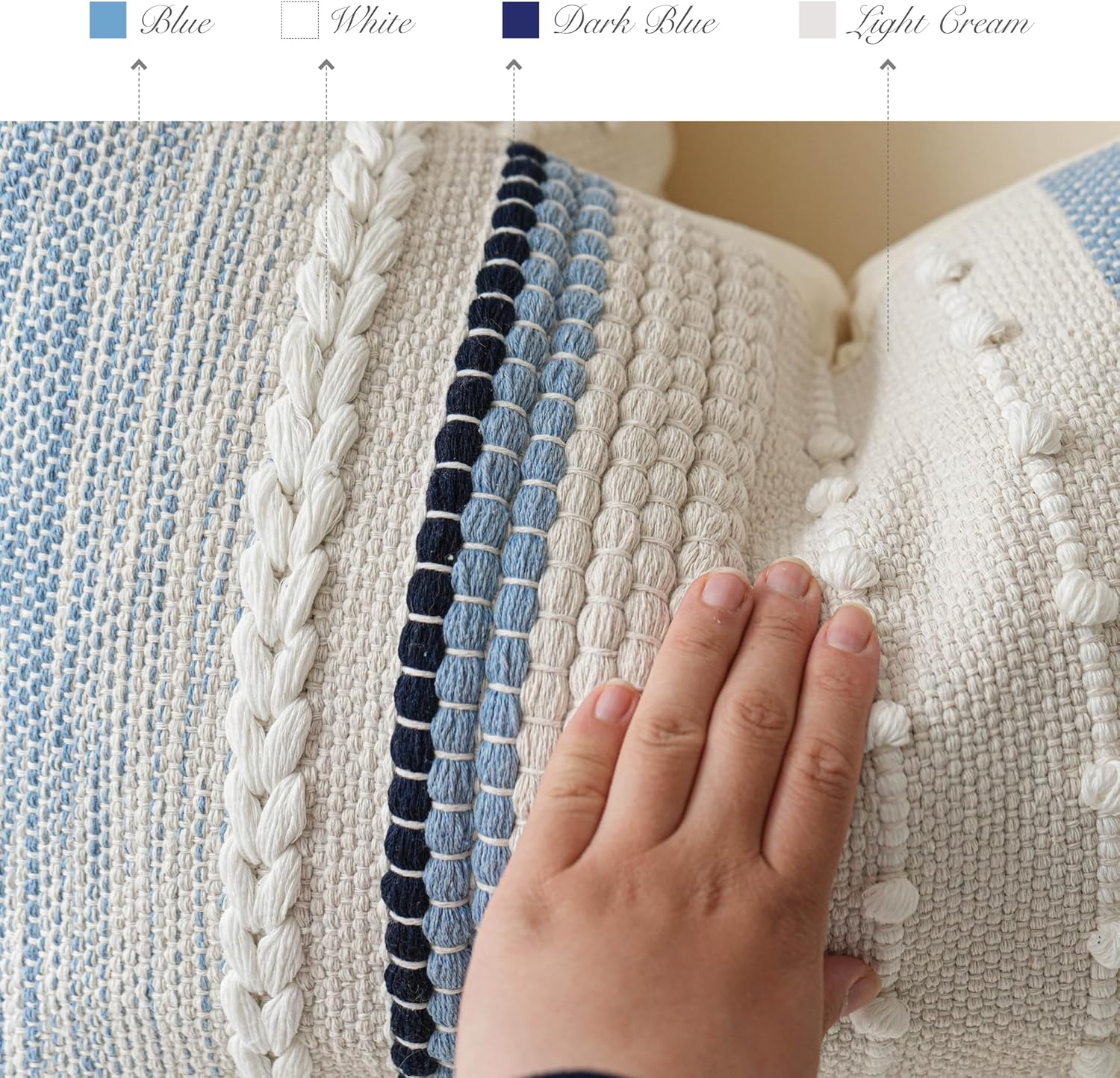 BlissBlush Coastal Blue Boho Decorative Throw Pillow Cover 20x20 Modern Bohemian Accent Pillow Case Square Woven Textured Farmhouse Pillows for Couch Bed (Pack of 1)