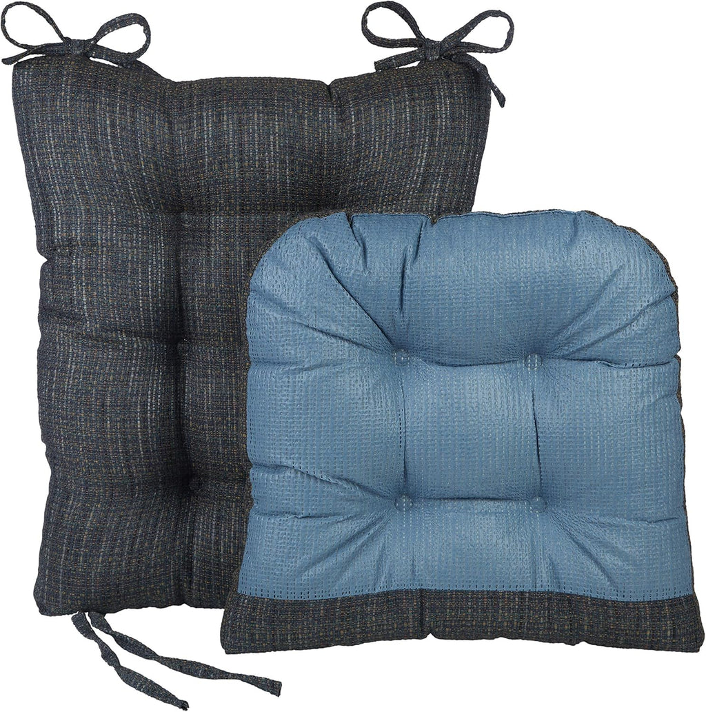 Klear Vu Omega Non-Slip Rocking Chair Cushion Set, Assembled in USA, Thick Padding & Tufted Design, Includes Seat Pad & Back Pillow with Ties, 17x17 Inches, 2-Piece Set, Denim