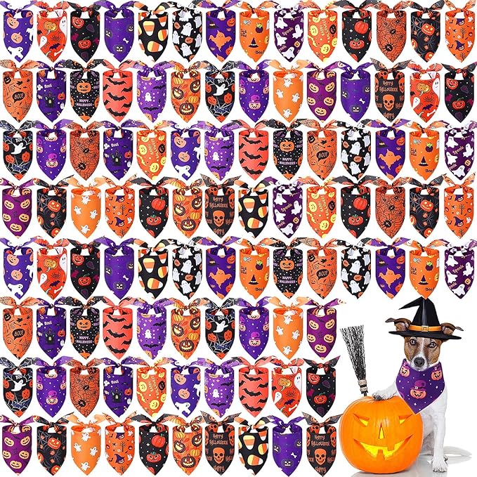 Abbylike 100 Pcs Halloween Dog Bandanas Bulk Pumpkin Bandanas for Dogs Triangle Kerchief Bibs Scarf Set for Pet Halloween Costume Photo Props Accessories Pet Shops, 25 Styles (25.6 x 17.7 x 17.7)