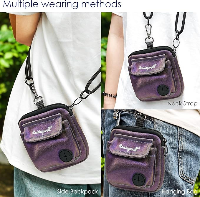 Dog Treat Pouch for Pet Walking and Training with Clicker Poop Bags and Double Bag Design Small Fanny Zipper Pack Holder for Puppy Snack Dispenser Kit for Leash and Outdoor Use (NM-Purple,)
