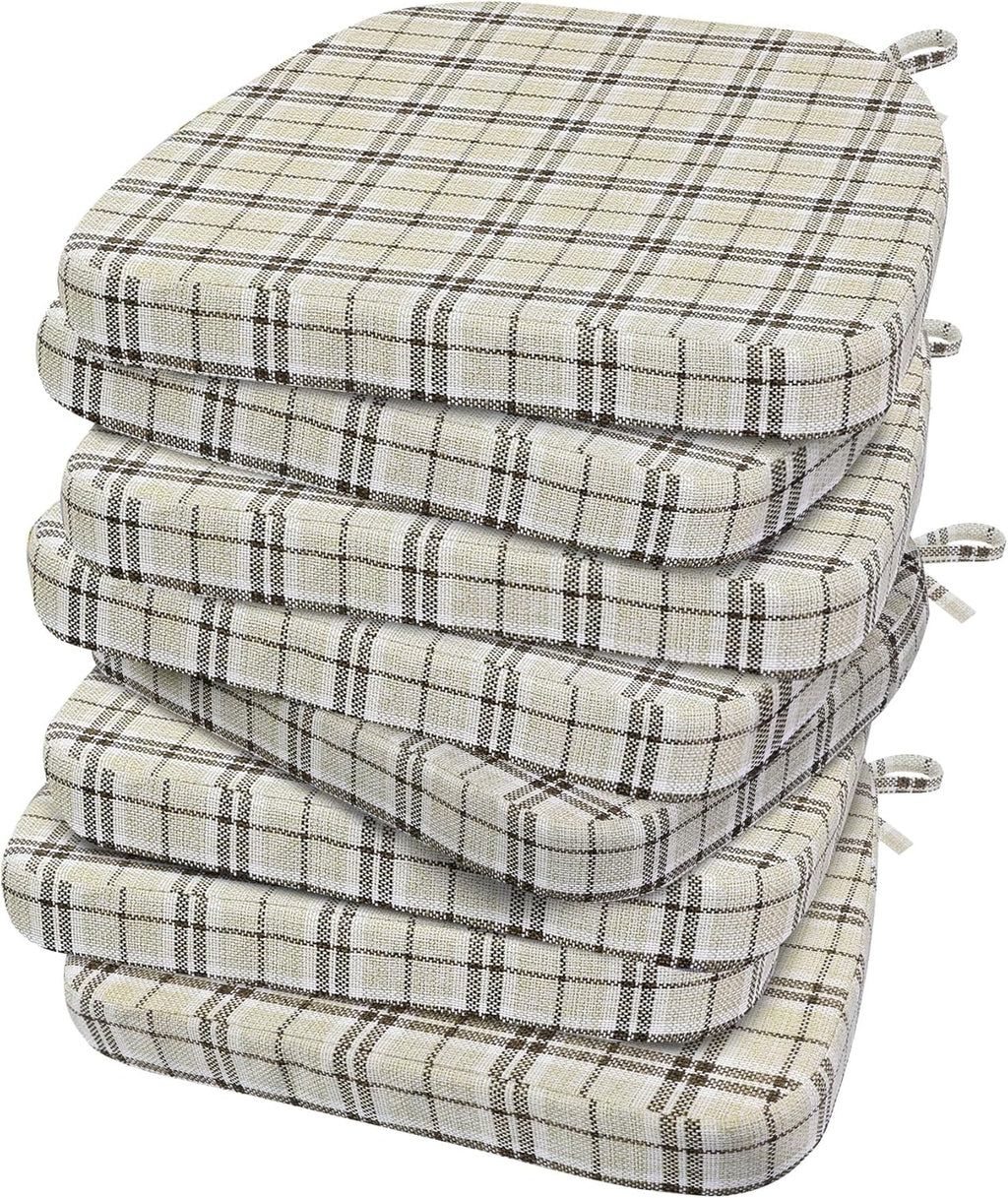 AAAAAcessories D-Shaped Chair Cushions, 2" Thick Dining Chair Pads with Ties and Removable, Machine-Washable Cover, 17" x 16", Set of 8, Yellow Checkered