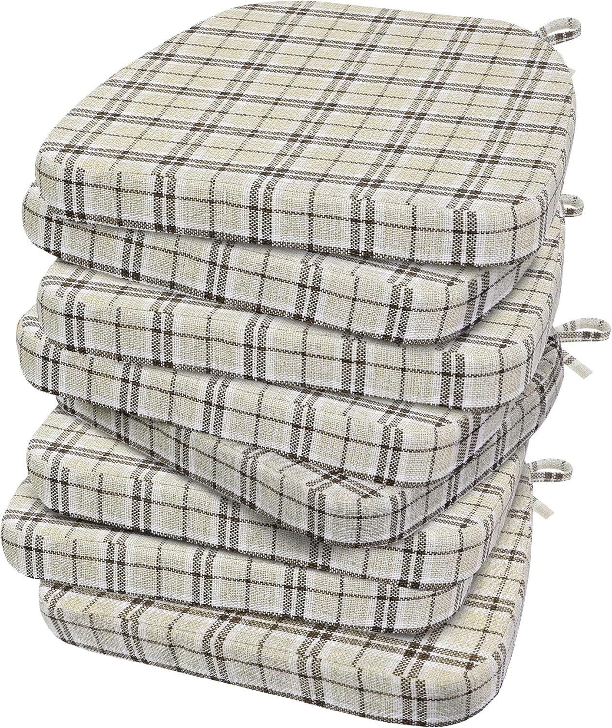 AAAAAcessories D-Shaped Chair Cushions, 2" Thick Dining Chair Pads with Ties and Removable, Machine-Washable Cover, 17" x 16", Set of 8, Yellow Checkered