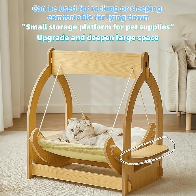 2 in 1 Wooden Cat Hammock, Comfortable and Breathable Hanging Cat Bed with Soft Mattress and Pillow，Suitable for Cats or Small Dogs