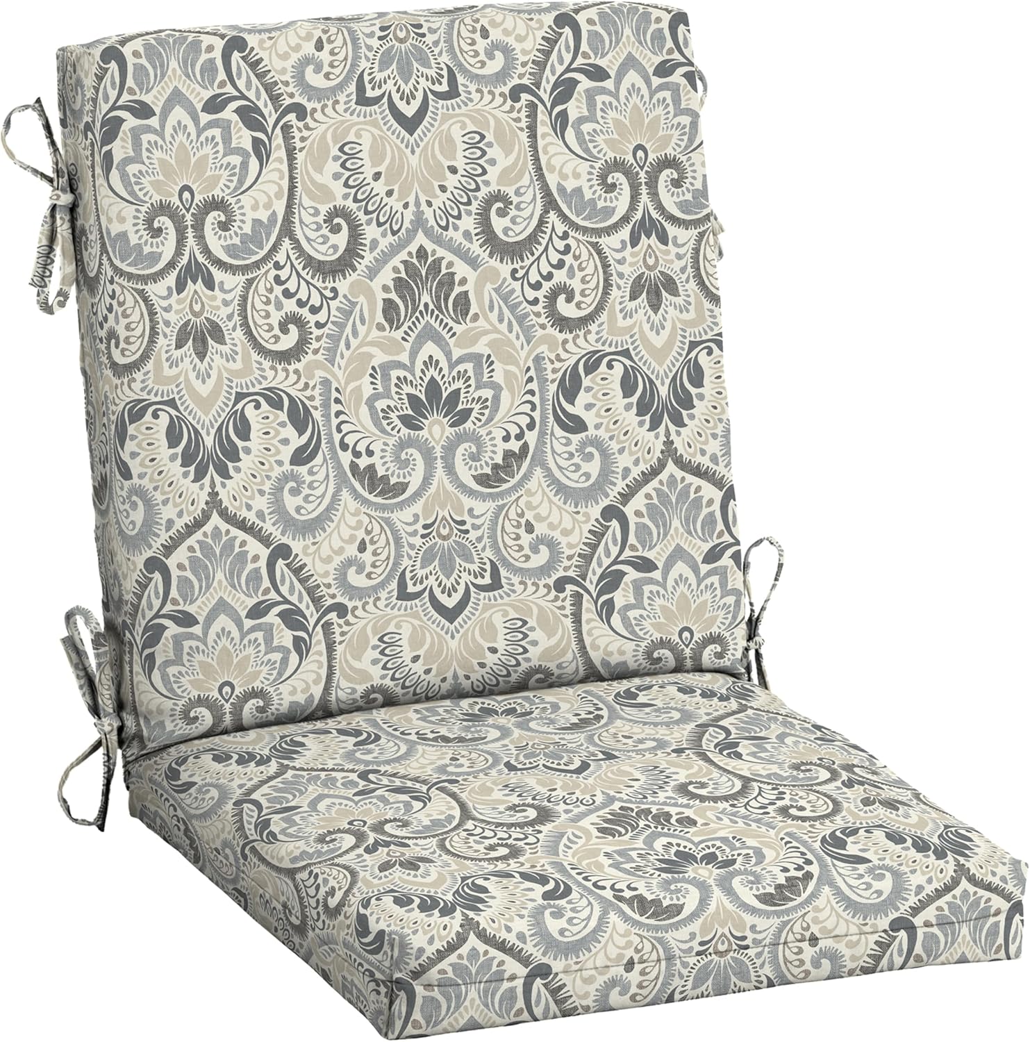 Arden Outdoor Midback Chair Cushion, 18 x 16.5, Rain-Proof, Fade Resistant Neutral Aurora Damask