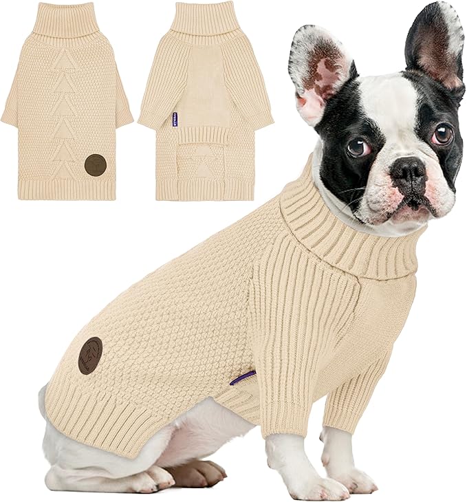 cyeollo Dog Sweater Turtleneck Knitted Sweaters with Sleeve Fall Winter Dog Clothes Sweaters for Small Dogs, Beige M