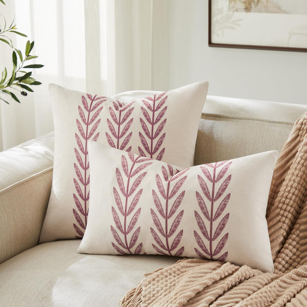 100% Cotton Farmhouse Leaves Throw Pillow Covers Set of 2, 24x24 Inch Burgundy Pastoral Decorative Print Cushion Covers for Sofa Bed Living Room Home Decor