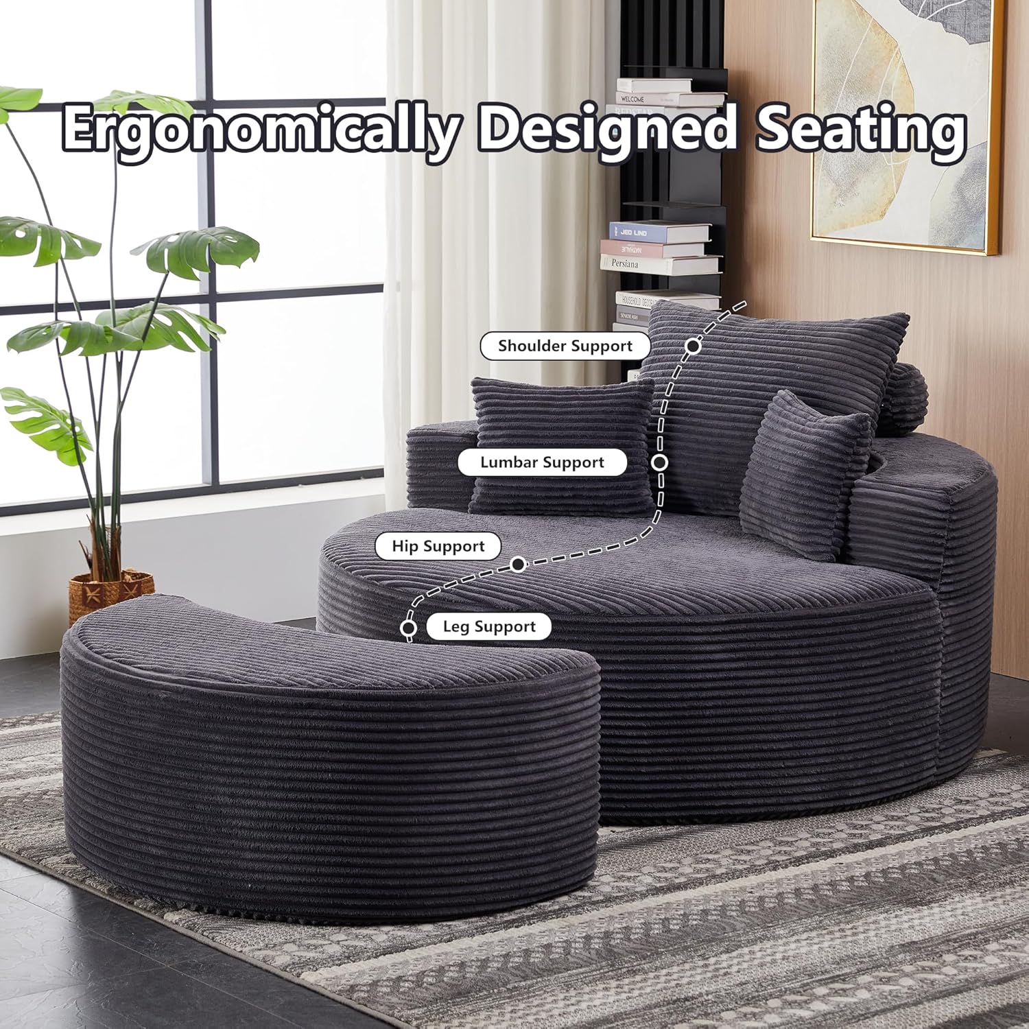 55.11" W Oversized Round Chaise Lounge Chair, Deep Seat Corduroy Cloud with Pillows, Moveable Ottoman and Blanket– Comfy Circle Loveseat Sofa Chair for Living Room or Bedroom (Grey)