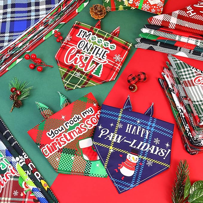 Abbylike 50 Pcs Dog Bandanas Bulk Pet Scarfs Triangle Bibs Adjustable Washable Puppy Kerchief Seasonal Pet Costume Accessories Grooming Supplies for Small Medium Large Dogs Cats(Christmas Plaid Dog)