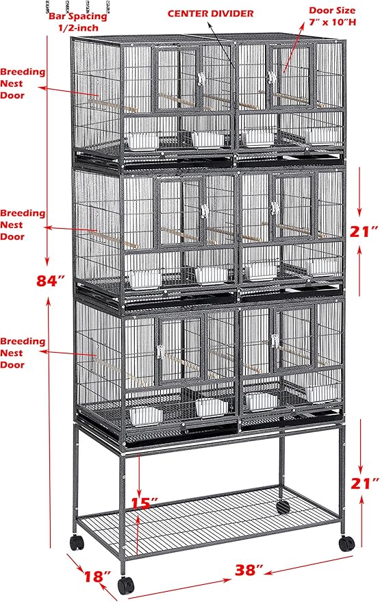 1/2/3-Combo Stacker Center Divided Breeder Breeding Bird Flight Double Rolling Cage for Aviaries Canaries Cockatiels Lovebirds Finches Budgies Small Parrots (White Vein, Three Stacker)