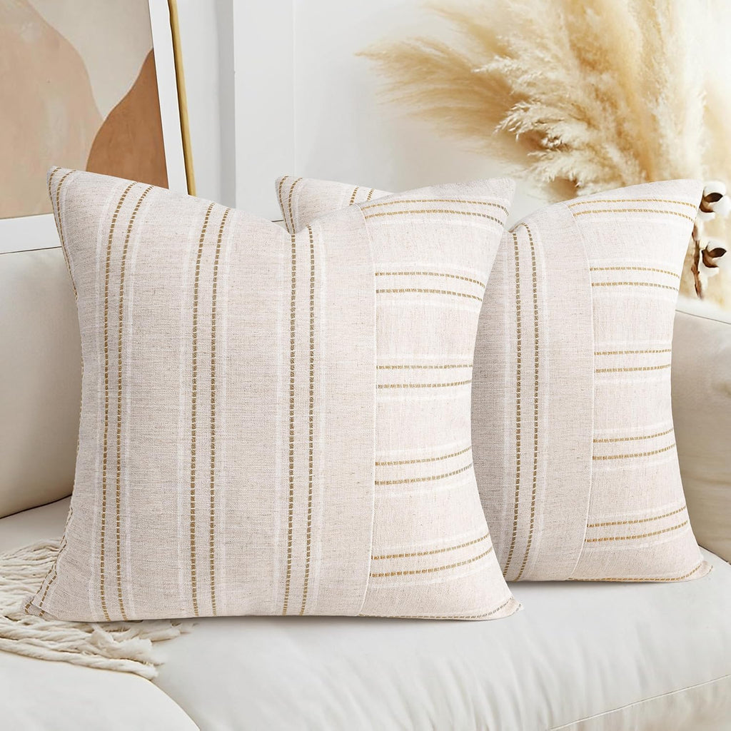 AELS 24x24 Decorative Farmhouse Linen Throw Pillow Covers, Boho Textured Pillow Case, Set of 2, Beige with White & Brown Stripe Patchwork Cushion Cover for Sofa Couch Living Room (Cover ONLY)