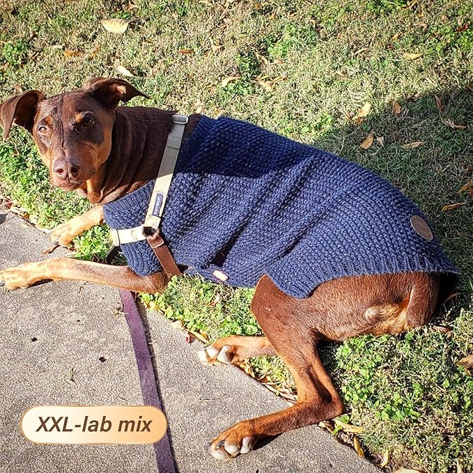 KYEESE Dog Sweater for Large Dogs with Leash Hole Warm Pullover with Reflective Yarn Male Thick Stretchy Knitwear Winter Soft Pet Coat boy for Cold Weather Comfy Dog Sweaters, Navy Blue, XX-Large