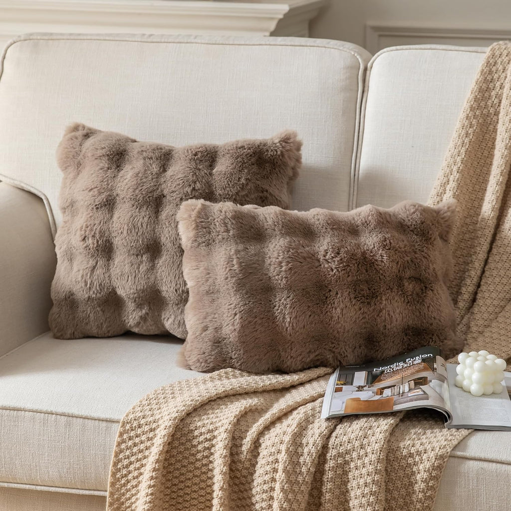 Pack of 2 Thick Plush Throw Pillow Covers Fluffy Wave Faux Fur Decorative Cushion Covers Soft Wool Pillowcase for Sofa Couch Livingroom 12x20 Inch Taupe