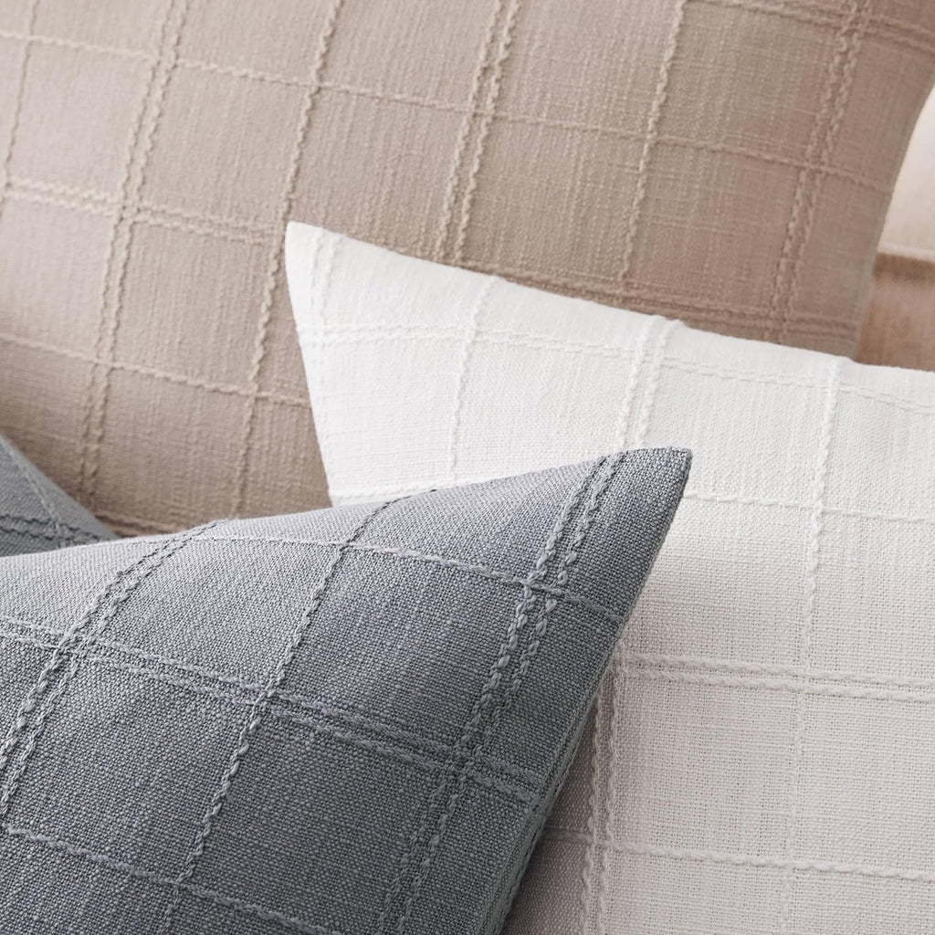 ZeeMart Linen Checked Lumbar Throw Pillow Covers Set of 2, 12x20 Inch Allover Grid Taupe, Farmhouse Decorative Double Sided Grid Embroidered Couch Pillow Cases Taupe Cotton Linen Cushion Covers