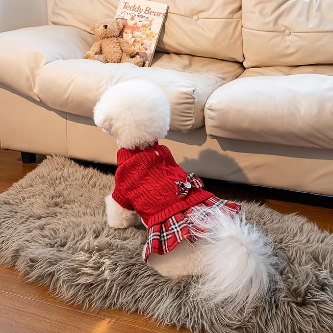 WOYYHO Girl Dog Sweater Dress with Bowtie Turtleneck Small Dogs Sweater with Leash Hole, Knitted Small Dog Sweaters Dress Puppy Winter Clothes for Yorkies Chihuahua (S, Red)