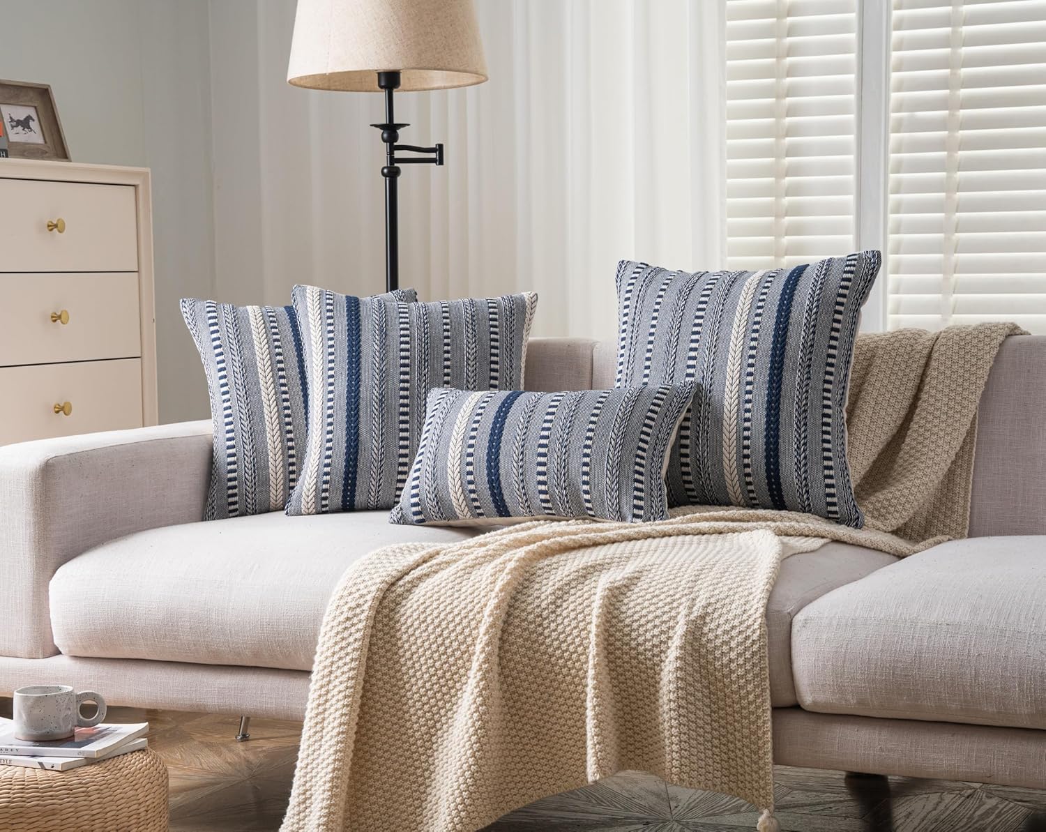 Boho Throw Pillow Covers 12x20 Inch Set of 2, Farmhouse Decorative Couch Pillow Cases, Navy Blue Accent Pillows of Bed, Sofa Bedroom Living Room Home Decor Cushion Cover