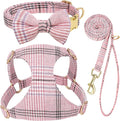 Beirui Cute Extra Small Dog Harness Collar and Leash Set with Bowtie, Soft Adjustable Plaid Puppy Harness for Small Sized Dogs Cats Walks Parties and Photoshoots(Pink,XXS:Chest 12-14")