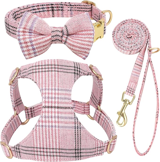 Beirui Cute Extra Small Dog Harness Collar and Leash Set with Bowtie, Soft Adjustable Plaid Puppy Harness for Small Sized Dogs Cats Walks Parties and Photoshoots(Pink,XXS:Chest 12-14")