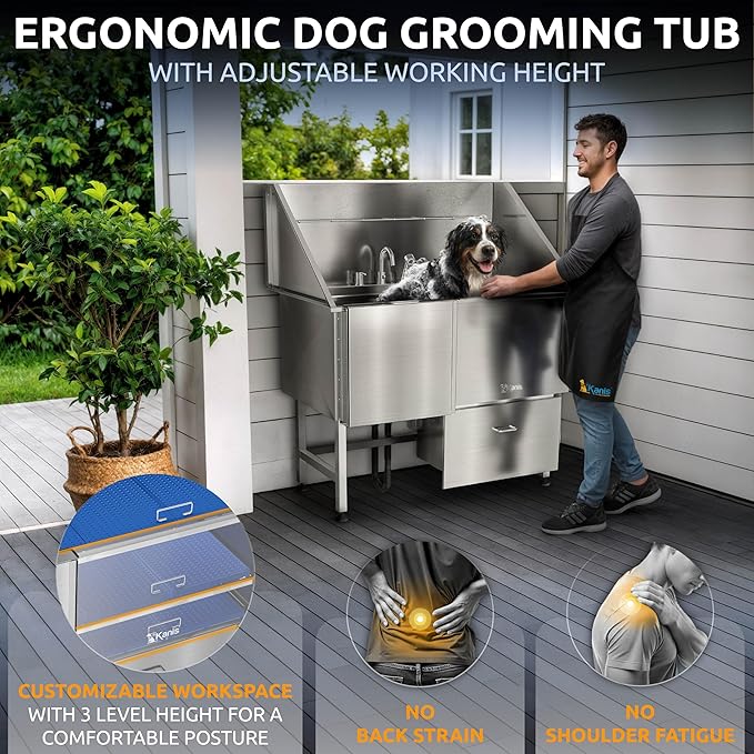 KANIS Professional Dog Washing Station - 304 Stainless Steel Pet Wash Sink & Grooming Bath Tub for Home with Ramp, Shower, Floor Grate, Storage Drawer, Faucet, Drain Kit for Large, Medium & Small Pets