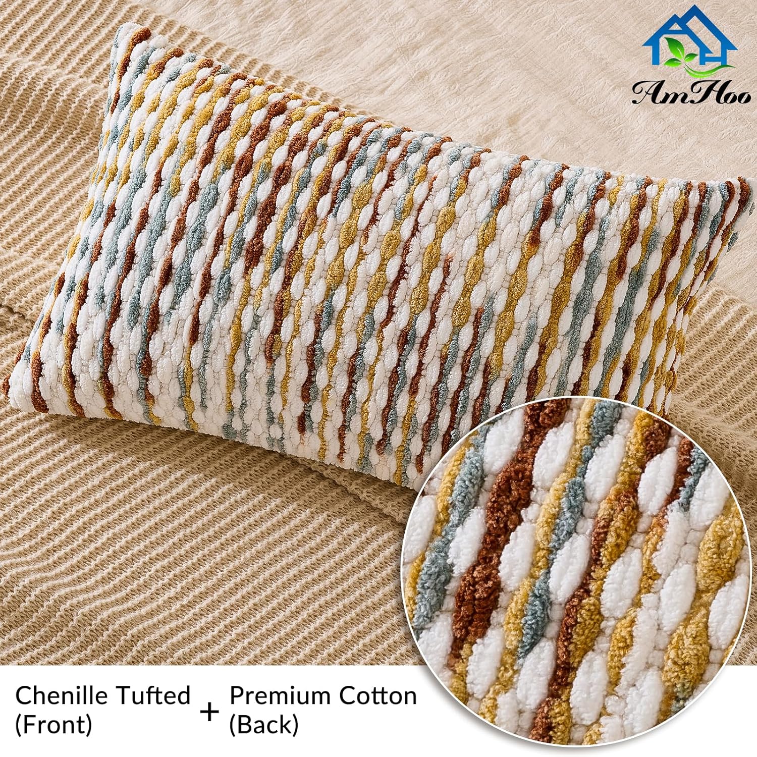 AmHoo Set of 2 Boho Chenille Pillow Cover Decorative Tufted Pillowcase for Couch Bed Sofa Bedroom Living Room Modern 12 x 20-Inch Brown