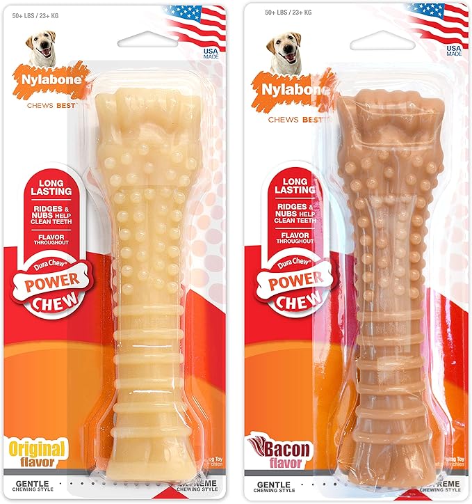 Nylabone Textured Knuckle Bone Power Chew Toy for Dogs, Durable & Tough Dog Toys for Aggressive Chewers, Original & Bacon Flavor, X-Large - 50+ lbs, 2 Pack