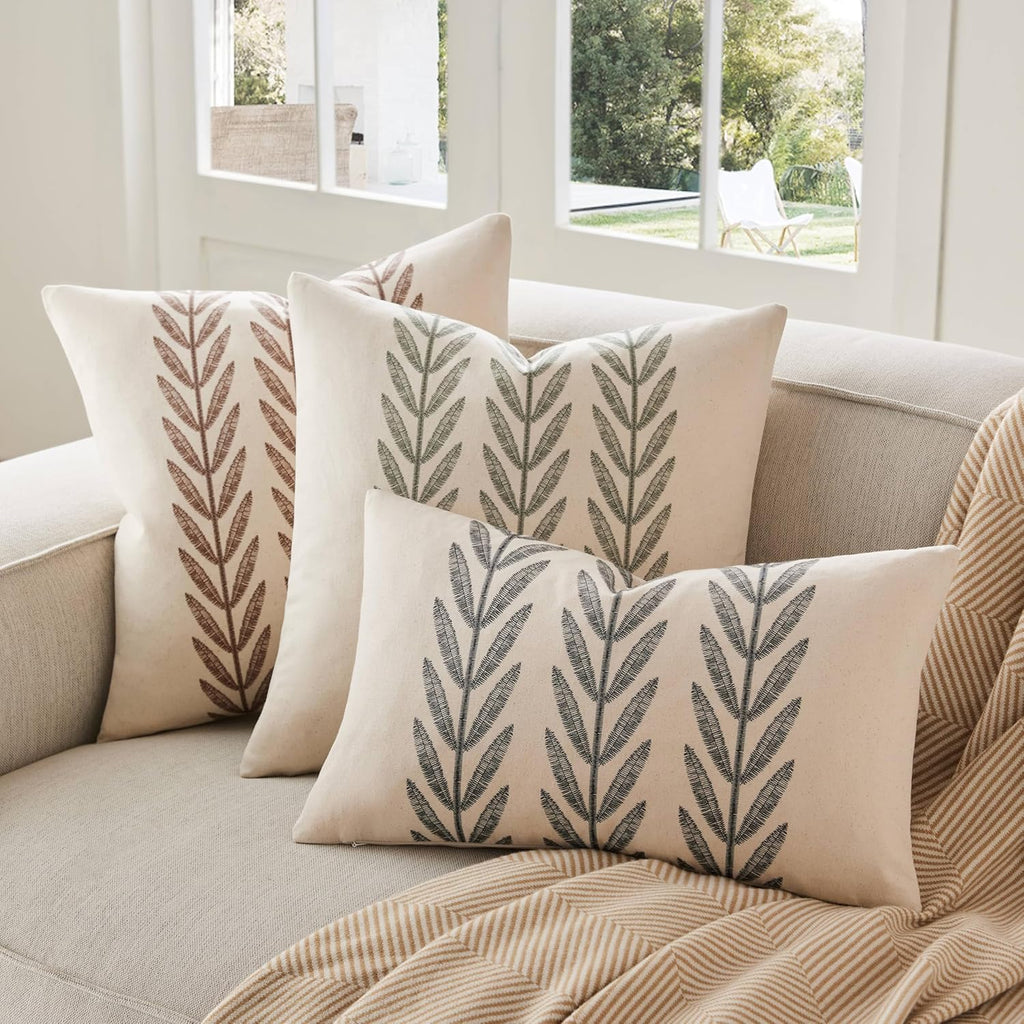 100% Cotton Farmhouse Leaves Throw Pillow Covers Set of 2, 18x18 Inch Black Pastoral Decorative Print Cushion Covers for Sofa Bed Living Room Home Decor