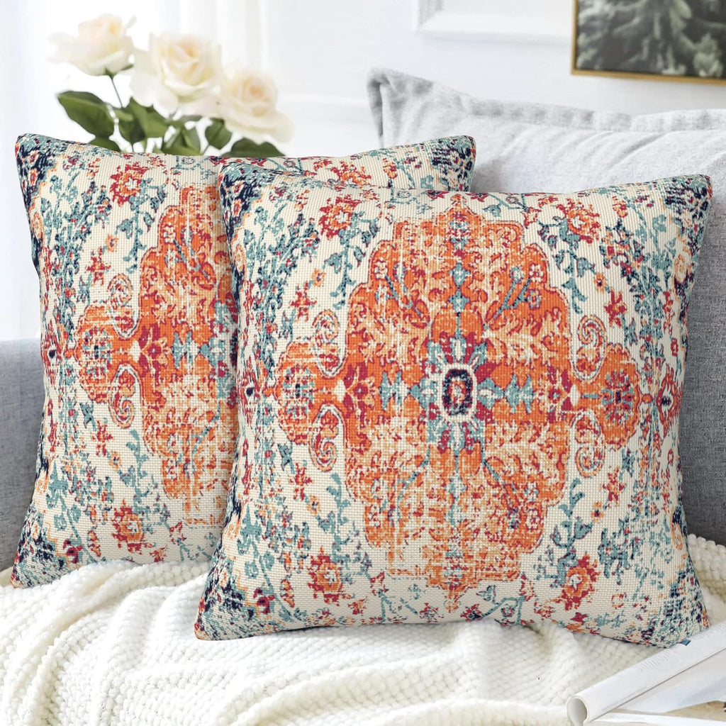 Throw Pillow Covers Boho Orange Pillow Covers 20x20 Inch Set of 2 Rug Boho Style Ethnic Floral Throw Pillows Decorative Pillow Cases Cushion Covers for Bedroom Livingroom Sofa Farm House