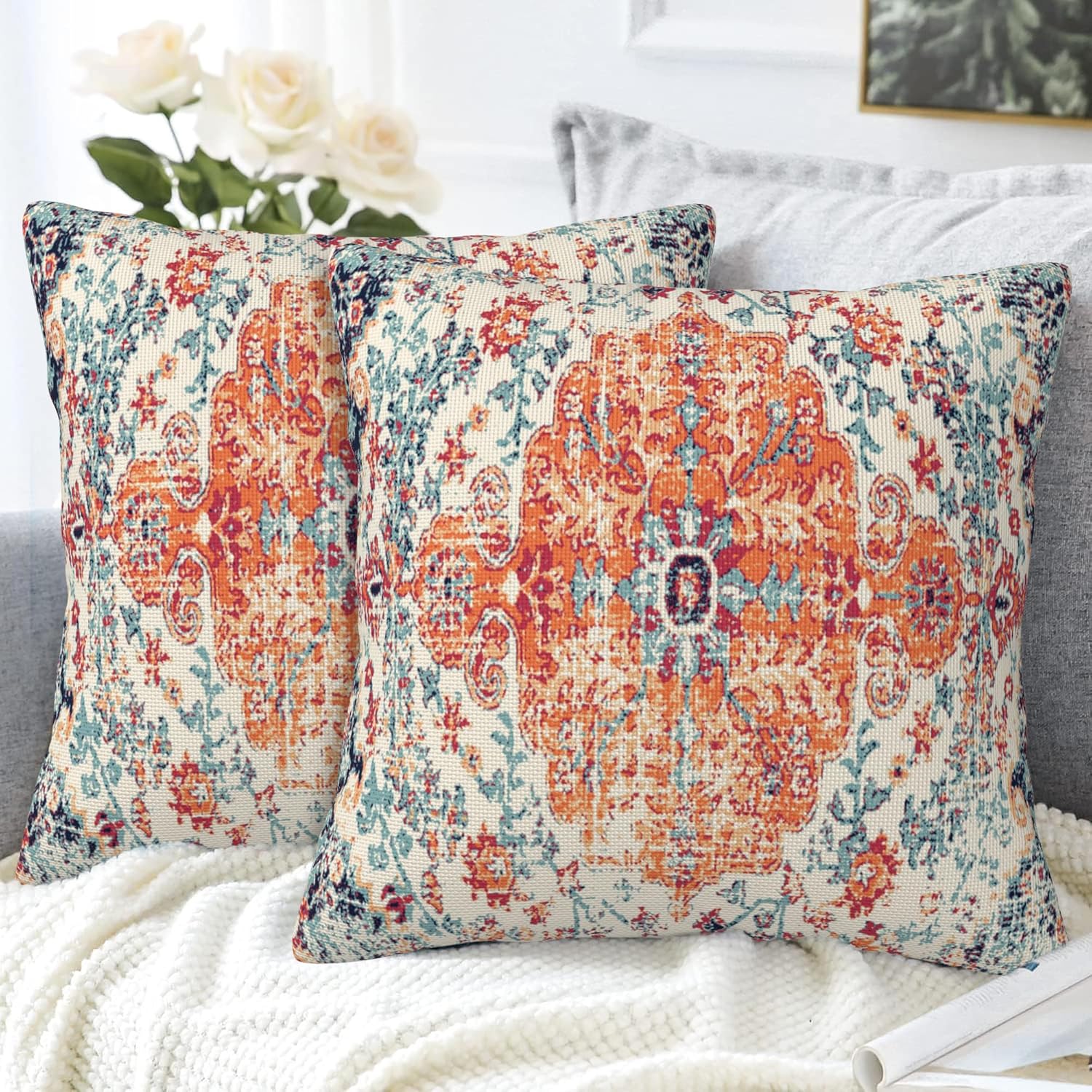 Throw Pillow Covers Boho Orange Pillow Covers 20x20 Inch Set of 2 Rug Boho Style Ethnic Floral Throw Pillows Decorative Pillow Cases Cushion Covers for Bedroom Livingroom Sofa Farm House