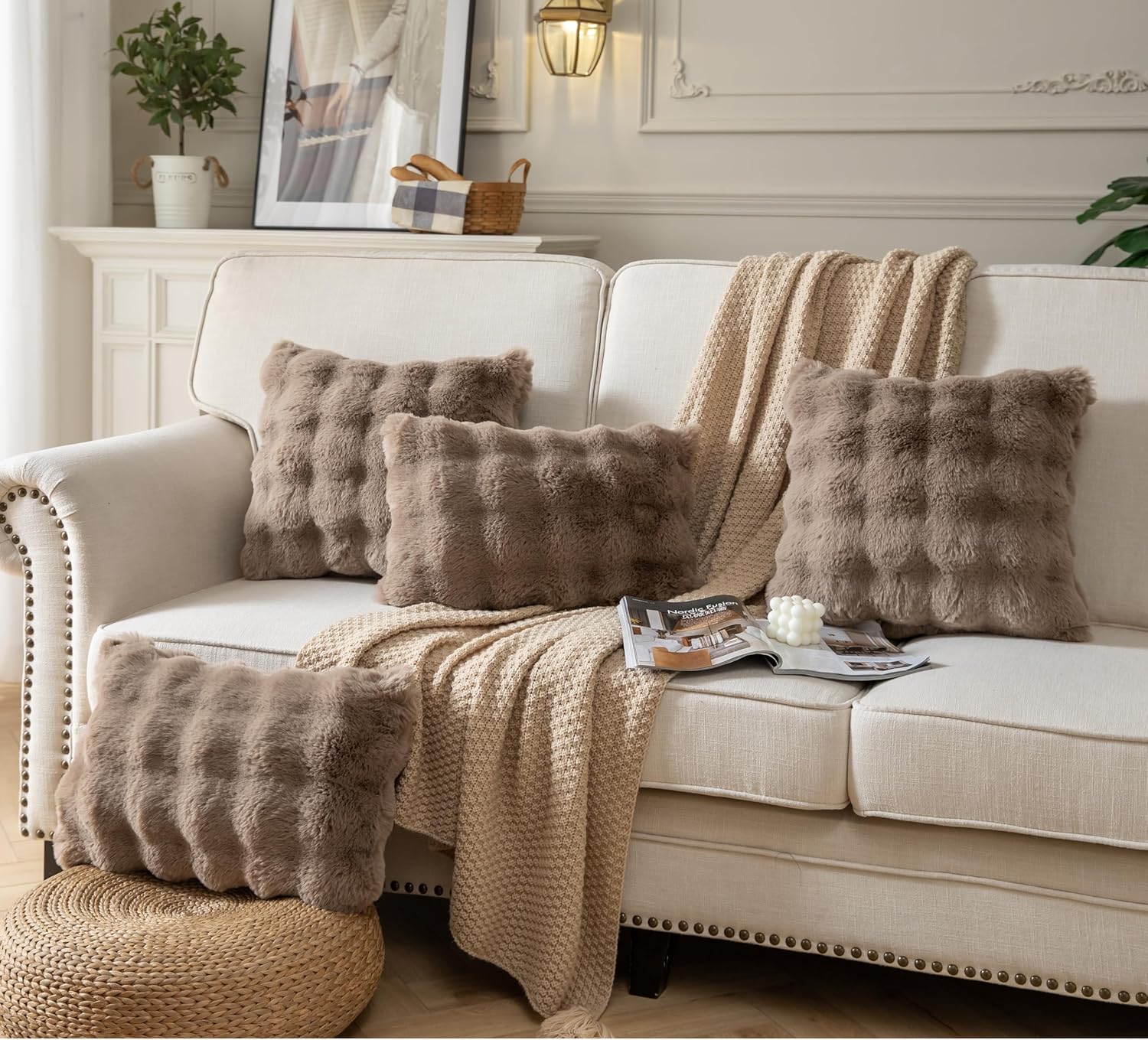 Pack of 2 Thick Plush Throw Pillow Covers Fluffy Wave Faux Fur Decorative Cushion Covers Soft Wool Pillowcase for Sofa Couch Livingroom 20x20 Inch Taupe