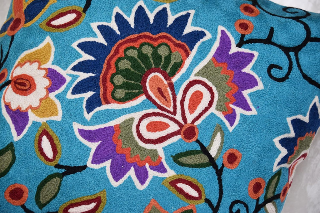 Turquoise Floral Pillow Cover Modern Flower Pillowcase Floral Hand Embroidered Outdoor Cushion Suzani Farmhouse Chair Throw Traditional Chair Cushions Wool Size 18x18