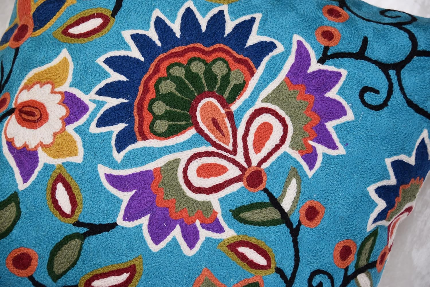 Turquoise Floral Pillow Cover Modern Flower Pillowcase Floral Hand Embroidered Outdoor Cushion Suzani Farmhouse Chair Throw Traditional Chair Cushions Wool Size 18x18