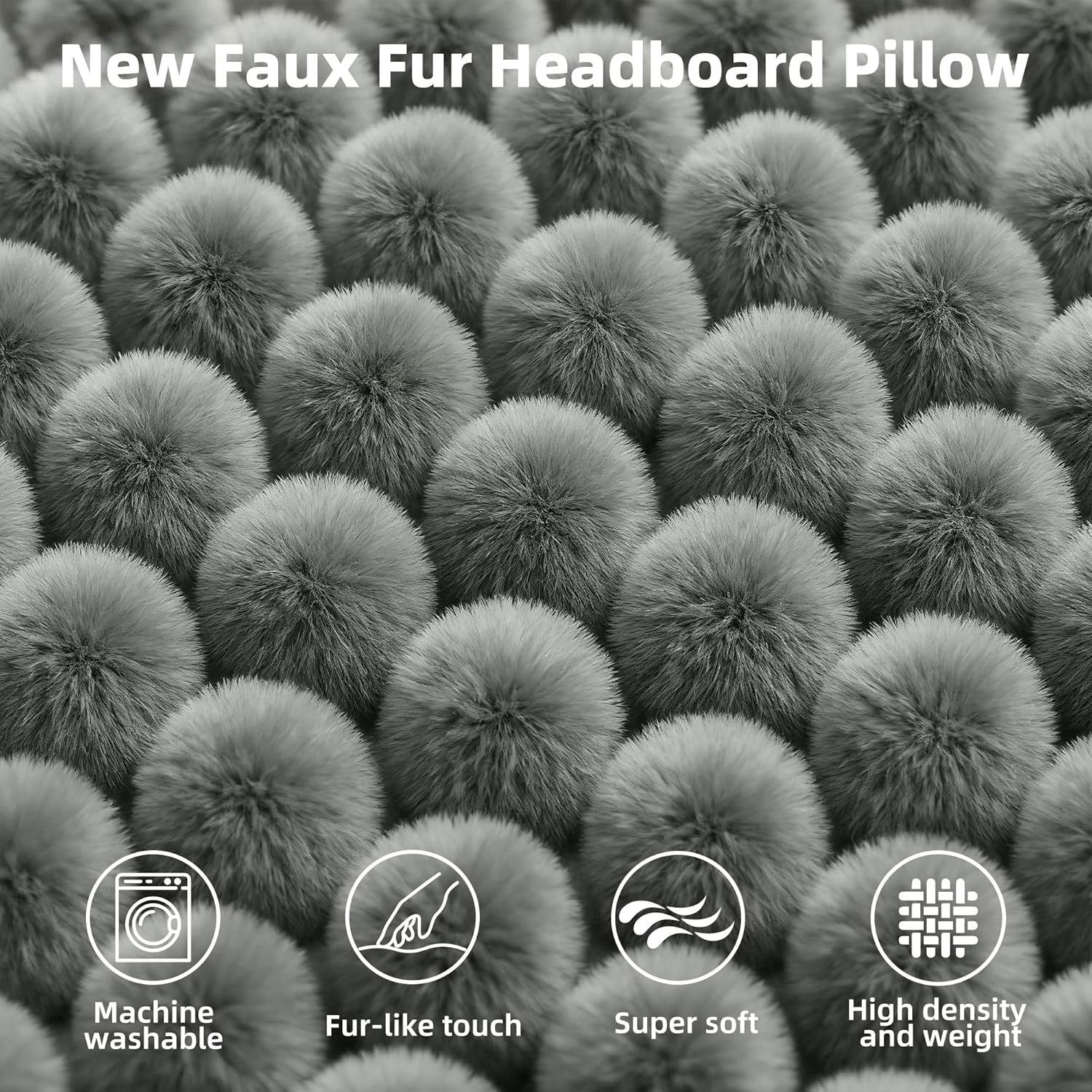 Faux Fur Headboard Pillow King Size, Triangular Wedge Backrest with Removable Head Roll & Side Pocket, Reading Pillow for Bed, Couch, Floor - Ergonomic Support for Neck, Back, Dark Grey