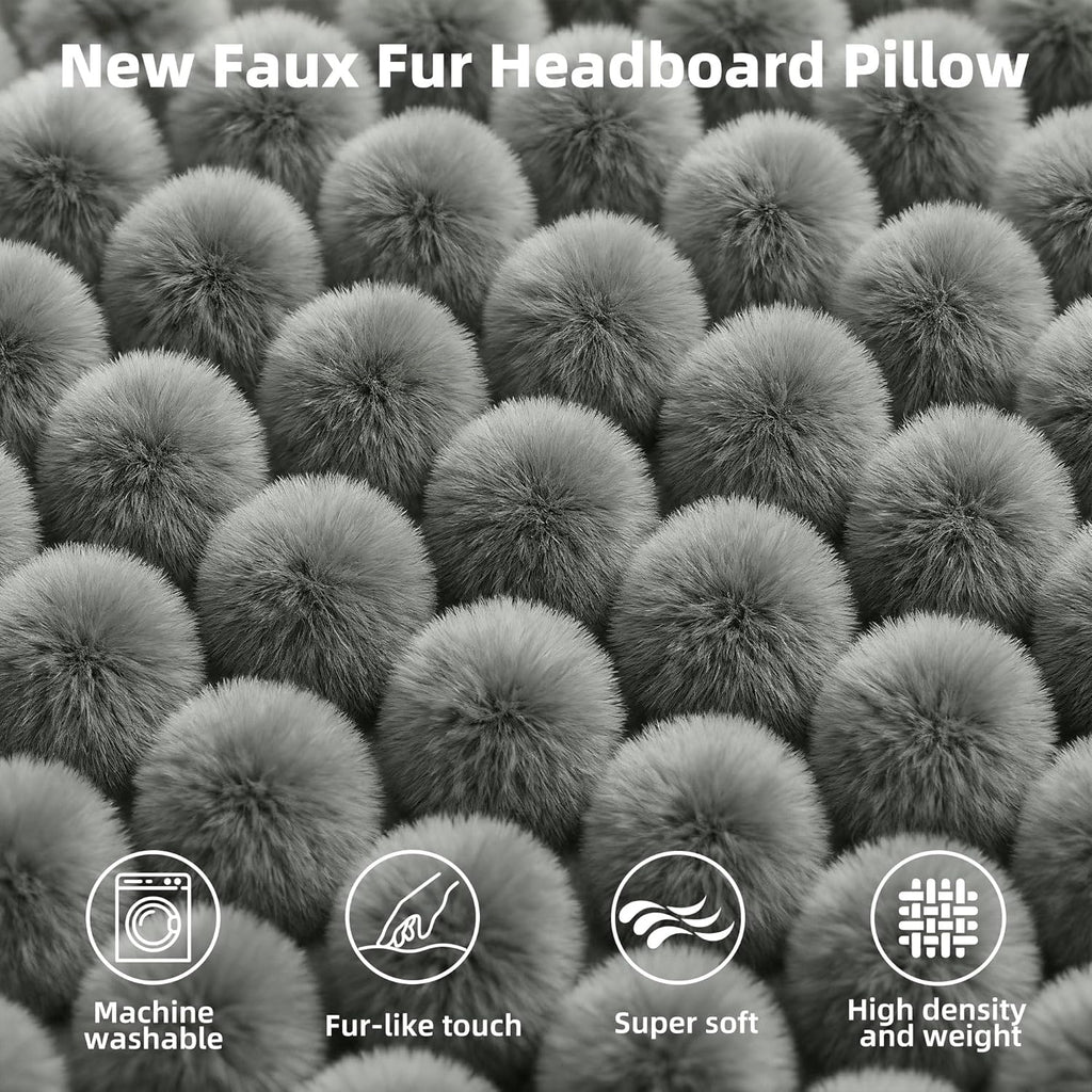 Faux Fur Headboard Pillow Queen Size, Triangular Wedge Backrest with Removable Head Roll & Side Pocket, 100% Linen Reading Pillow for Bed, Couch, Floor - Ergonomic Support for Neck, Back, Dark Grey