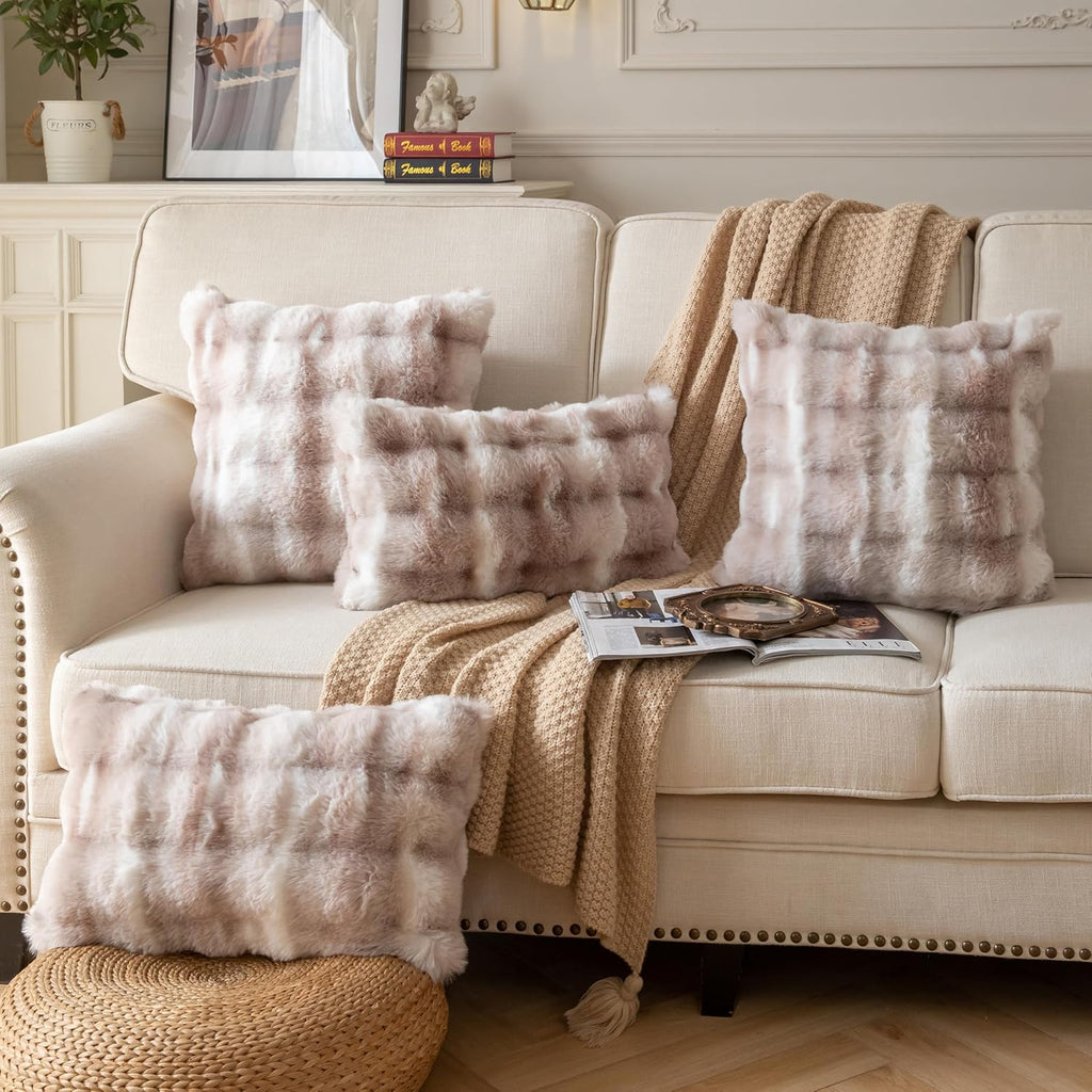 Pack of 2 Thick Plush Throw Pillow Covers Fluffy Wave Faux Fur Decorative Cushion Covers Soft Wool Pillowcase for Sofa Couch Livingroom 22x22 Inch White Taupe