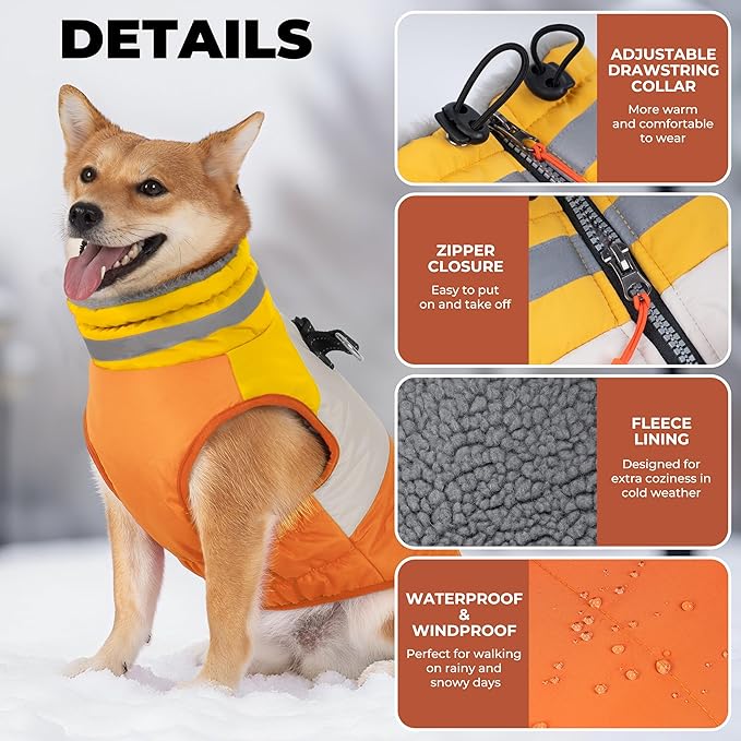 Dog Coat, Waterproof Dog Winter Jacket with Harness Built in, Turtleneck Warm Doggie Cold Weather Coats, Reflective Pet Vest for Indoor & Outdoor, Windproof Dogs Snowsuit, Orange Large