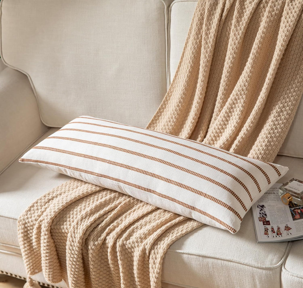 Caflife Boho Lumbar Throw Pillow Cover 14X36 Long Soft Farmhouse Decorative Couch Pillow Cases Brown Striped Body Pillow Covers Neutral Cushion Covers for Sofa Bed Living Room Home Decor Pack of 1