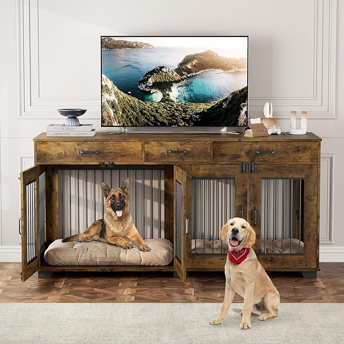 71'' Dog Crate Furniture, Wooden Indoor Dog Kennel for 2 Dogs with 3 Drawers and Removable Room Divider, XXL Double Dog Crate TV Stand End Table with Double Doors for Large Medium Dogs, Rustic Brown