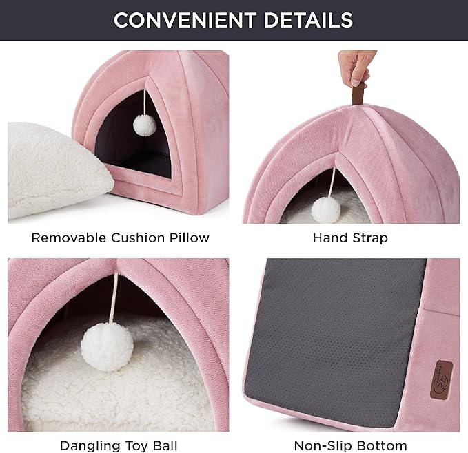 Bedsure Cat Beds for Indoor - 2 in 1 Cat Cave House Tent for Kittens and Small Pets with Removable Washable Cushioned Pillow, Foldable Kitten Hideaway with Non-Slip Bottom, Pink, 16 inches